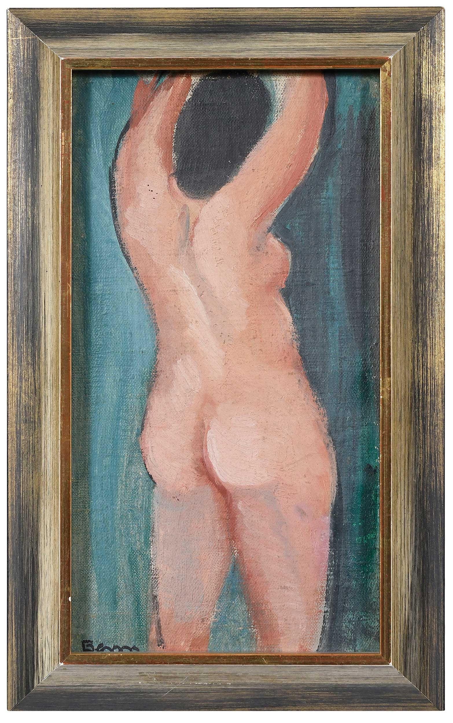 Ben Benn, Torso: (New York/Connecticut, 1884-1983) Nude woman with arms raised, signed lower left "Benn", oil on canvas board, 6-3/4 x 12-3/8 in.; parcel gilt and painted wood frame, 14-3/4 x 9-1/8 x 1-1/4 in. Provena
