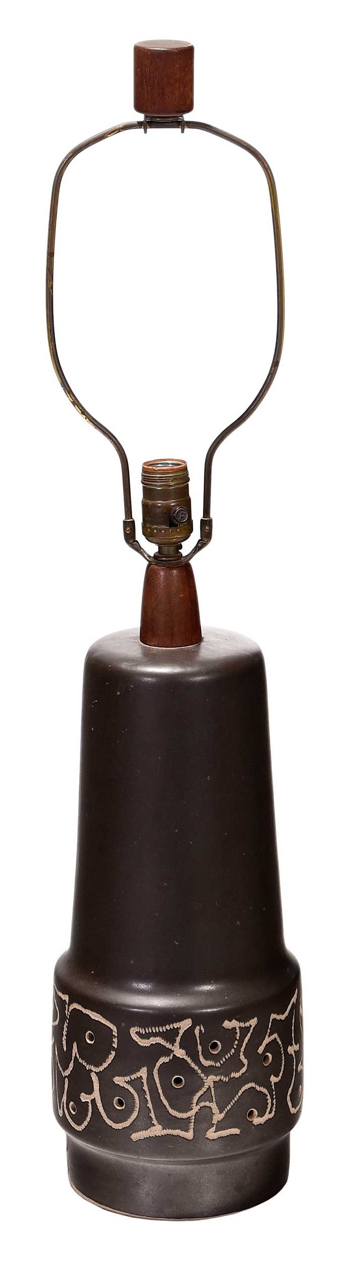 Gordon & Jane Martz, Ceramic Table Lamp: (American, 1924-2015, 1929-2007) Grayish Brown Baluster Form Lamp with Abstract Engraved and Punched Decoration, signed near base "Martz", ceramic and walnut, 31-1/2 x 6-7/8 x 6-7/8 in. with harp, wir