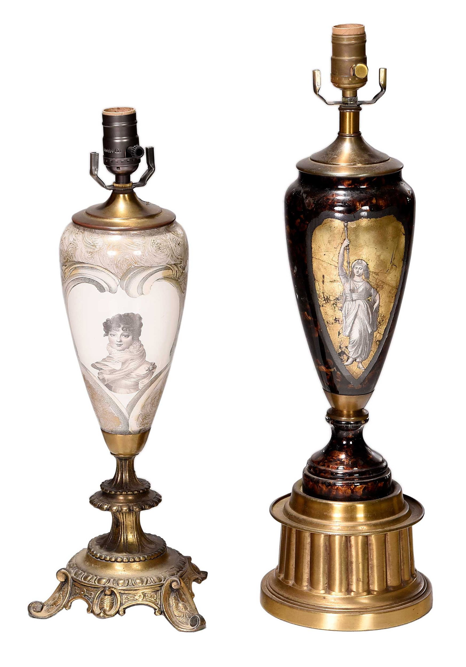 Two Piero Fornasetti or Style Lamps: 20th century, each in decoupage and enamel decoration, comprising: baluster form lamp, the body in decoration of central cartouche featuring female with headdress and staff atop faux tortoiseshell gro