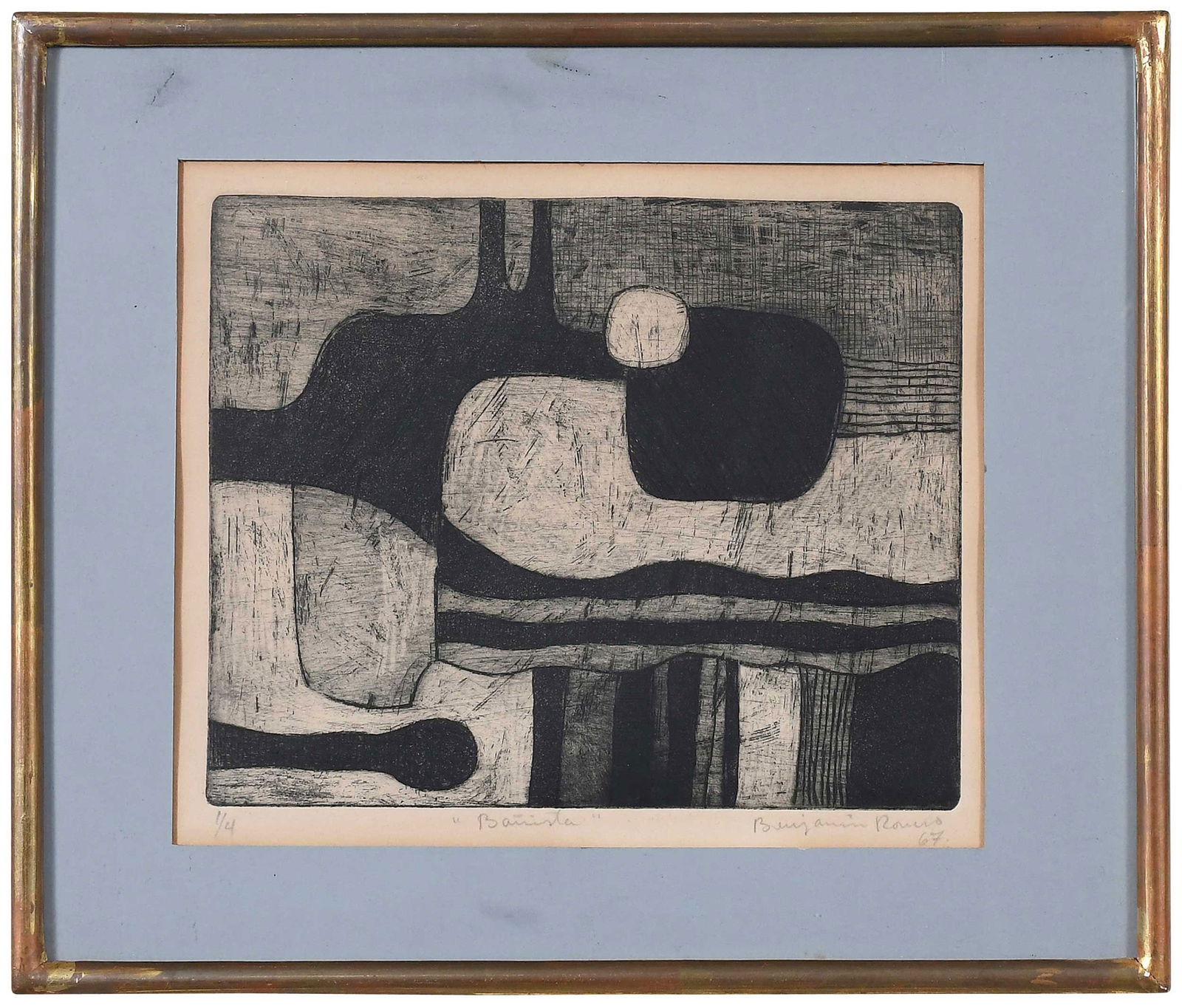 Benjamin Romero, Abstract Etching: (20th century) Banista (Bather), 1967, edition 1/4, numbered, titled, and signed in pencil lower margin "1/4 Banista Benjamin Romero/67", drypoint etching on paper, plate 8-3/4 x 10-5/8 in., sheet 11