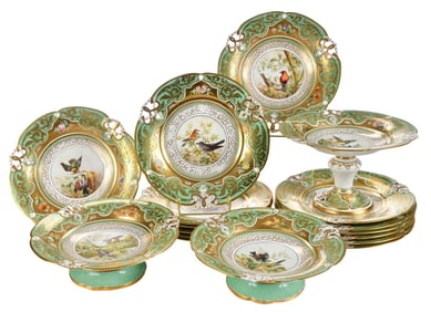 17 Piece English Finely Painted Green and Gilt Porcelain Partial Service with Bird Decoration