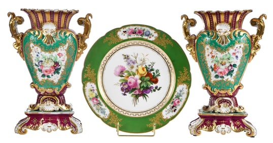 Two French Porcelain Vases and Old Paris Porcelain Plate