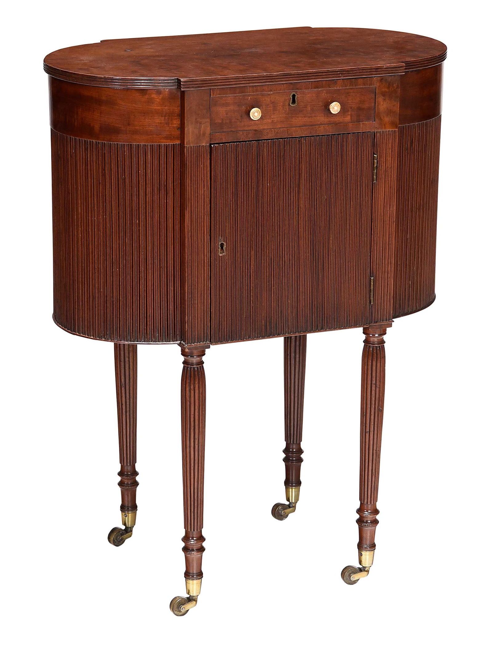 An Important Classical Mahogany Work Table: New York, circa 1806-11, labeled by Duncan Phyfe (1768-1854), with original ivory pulls, yellow poplar and white pine secondary, brass casters, fitted desk interior, with key, label at rear of cupboar