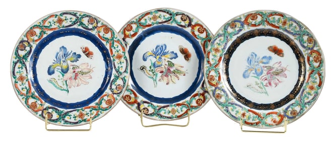 Three Rare Chinese Export Botanical Porcelain Plates, after Maria Sibylla Merian