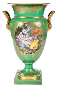 Large Paris Porcelain Green and Gilt Vase