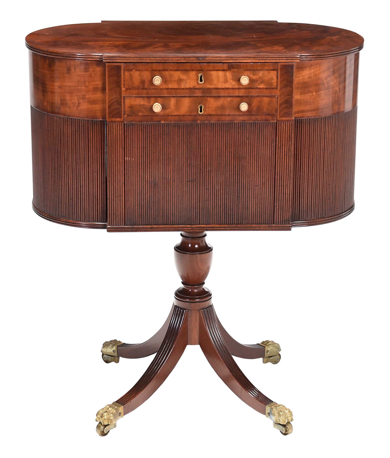 Very Fine Classical Figured and Inlaid Mahogany Work Table: New York, circa 1815, attributed to Duncan Phyfe (1768-1854), appears to retain its original ivory drawer pulls, poplar and mahogany secondary, with fitted desk interior, brass paw form casters, with