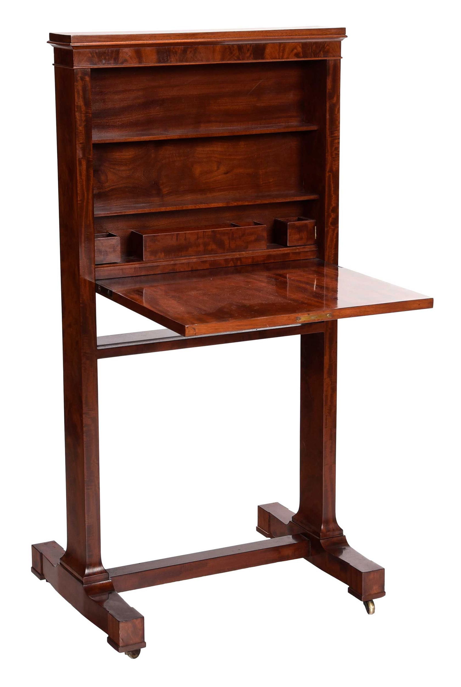 Classical Figured Mahogany Ladies' Writing Firescreen: New York, circa 1815, attributed to Duncan Phyfe (1768-1854), white pine, ash, and cherrywood secondary, brass casters, with key, 49-3/8 x 25-1/2 x 19-1/2 in. Provenance: By descent in the Iselin fami