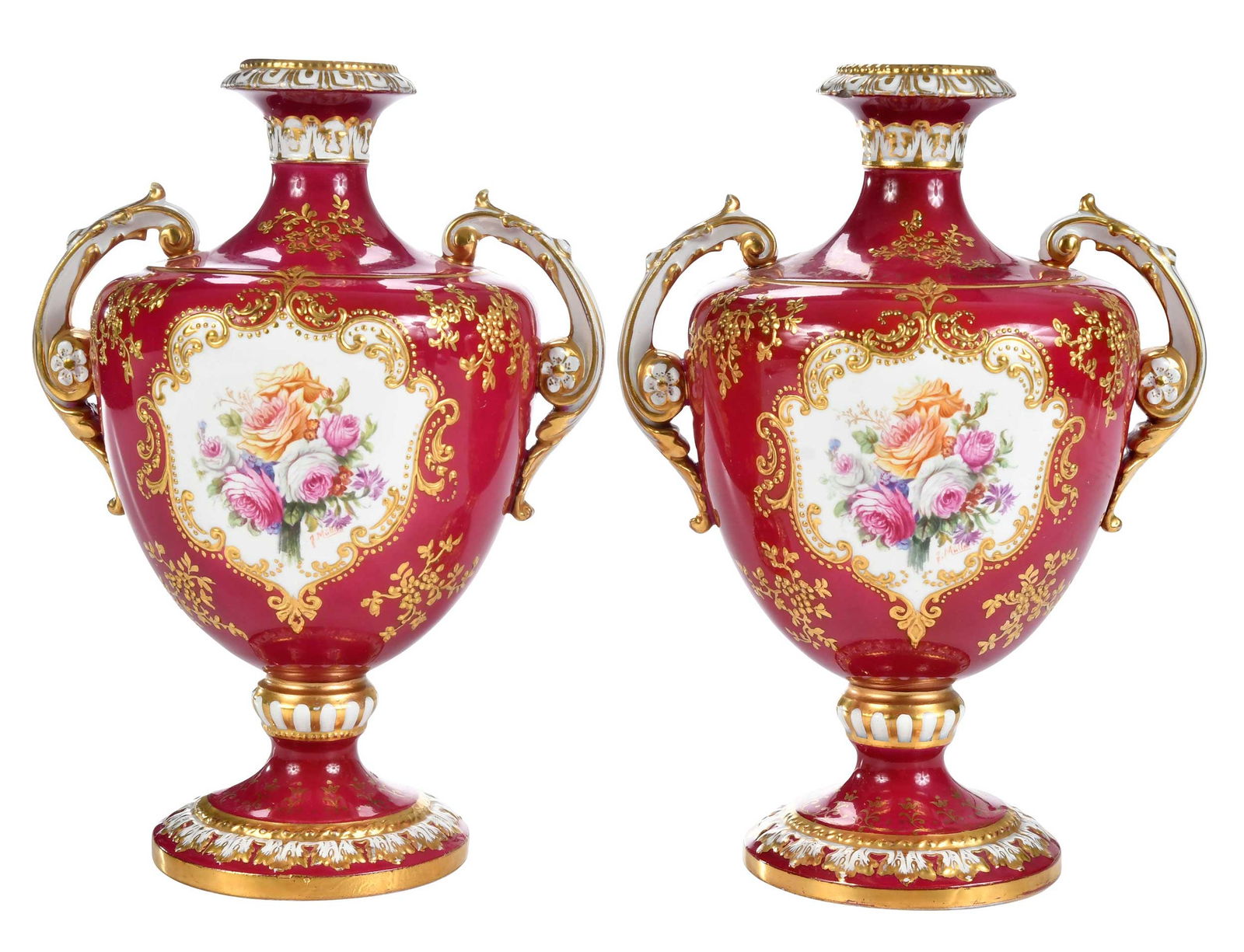 Pair of Royal Bonn Cranberry and Gilt Porcelain Urn Form Vases (1 of 9)