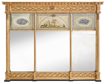 Large Classical Giltwood and Eglomise Paneled Over Mantel Looking Glass