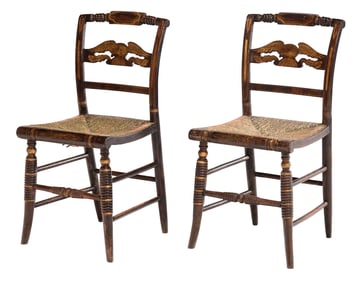 Pair of Classical Rush Seat 'Fancy' Paint Decorated Eagle Splat Side Chairs