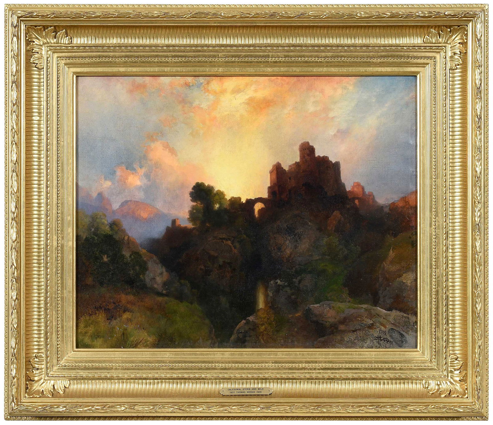 Thomas Moran: (American, 1837-1926) Caledonia, Stern and Wild, 1919, signed and dated lower right "TMoran 1919", oil on canvas, 16-1/4 x 20-1/4 in.; fine reproduction gilt wood frame, 24 x 28 in. Provenance: Christ