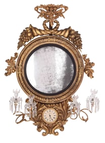 Classical Gilt Wood Girandole Mirror with Timepiece