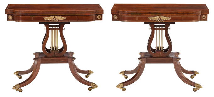 Very Fine and Rare Pair of Classical Brass Inlaid and Ormolu Mounted Rosewood Games Tables: Boston, circa 1815, attributed to John Seymour (1738-1818) and/or Thomas Seymour (1771-1848), white pine secondary, brass paw form casters, lyre form supports, appear to retain original baise lining o