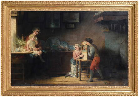 Dutch School Genre Scene: (19th century) Puppet Show, children playing with Punch and Judy, unsigned, oil on canvas, 33-5/8 x 51-3/8 in.; carved gilt wood and composition frame, 41-1/2 x 59-1/4 x 3 in. Provenance: The Furnishi