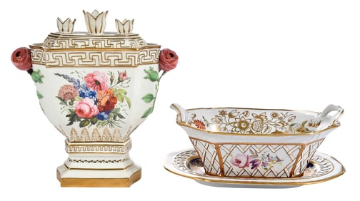 English Porcelain Basket and Undertray, with Porcelain Boughpot