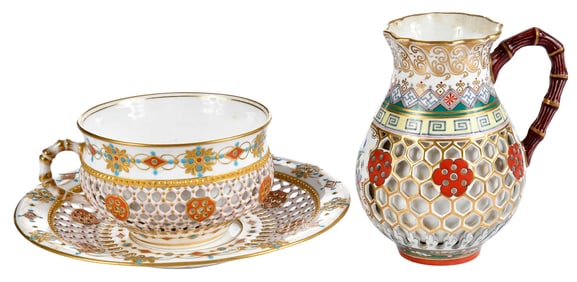 English Reticulated Porcelain Teacup and Saucer, with Similar Pitcher
