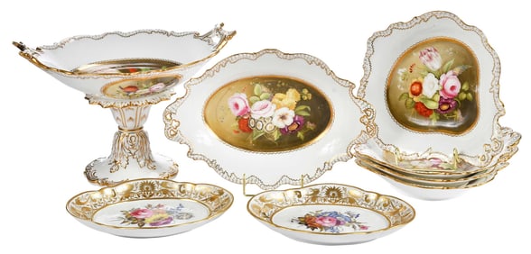 Six Piece Porcelain Partial Dessert Service and Two Derby Plates