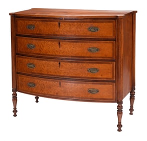 Federal Inlaid and Figured Mahogany, Birchwood, and Maple Bow Front Chest of Drawers