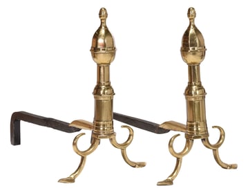 Pair of American Federal Brass and Iron Andirons and Tools