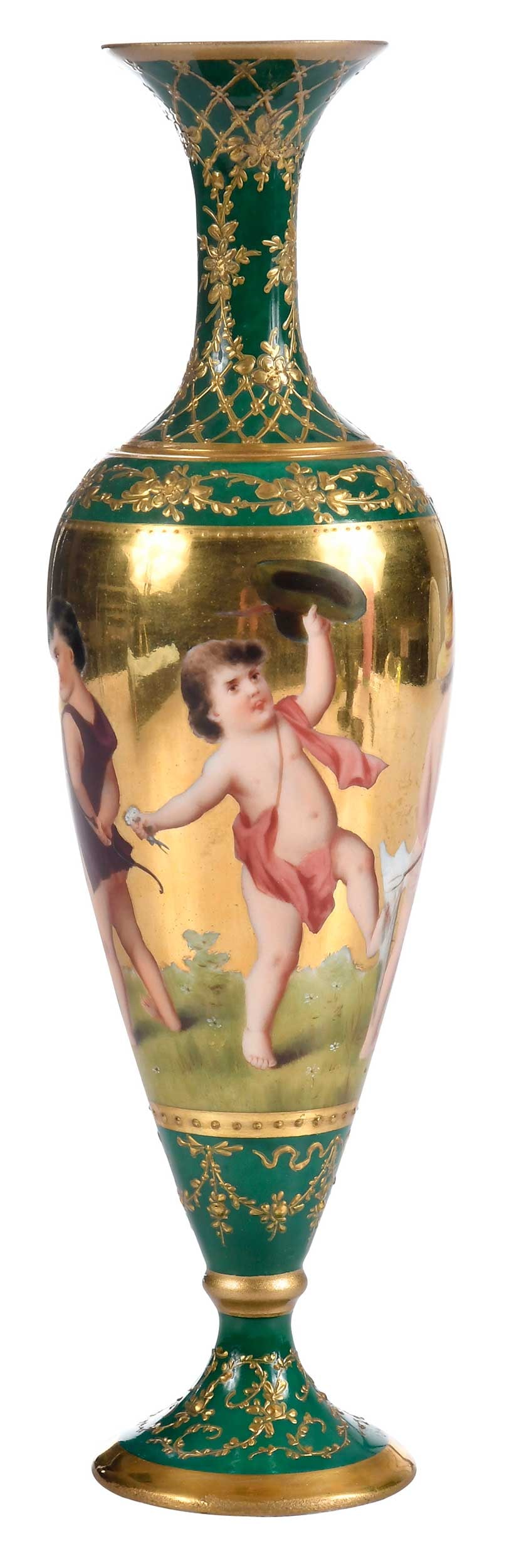 Richard Klemm Hand Painted Porcelain Vase: Dresden, 20th century, of baluster form with flared mouth and base, green enamel with heavy gilt decoration, hand painted group of children surrounding body, Richard Klemm mark to base, 10-5/8 x 3 x 3