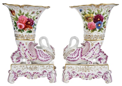 Pair of Old Paris Porcelain Swan Cornucopia Vases