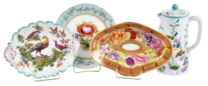 Three Enamel Decorated Porcelain Plates and Lidded Pitcher