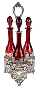 Ruby Flashed Bohemian Glass Cruet Set in Silver Plate Stand