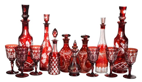 14 Pieces of Ruby Flashed Bohemian Glass Tableware