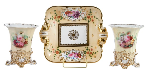 Pair of Copeland and Garrett Yellow and Gilt Porcelain Vases, with Dish