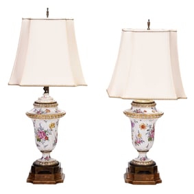 Pair of German Porcelain Lidded Urns Mounted as Lamps