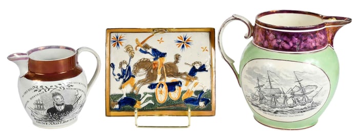 Two Staffordshire Pearlware Luster Pitchers and Prattware Plaque, Battle Themed