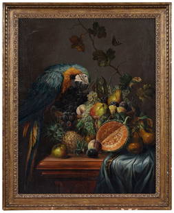 American or British School Still Life: (late 19th century) Blue-throated macaw eating grapes in a tabletop still life with pineapple, melon and other fruits, unsigned, oil on canvas, 36 x 28 in.; modern gilt wood frame, 41-1/2 x 33-1/2 x 1