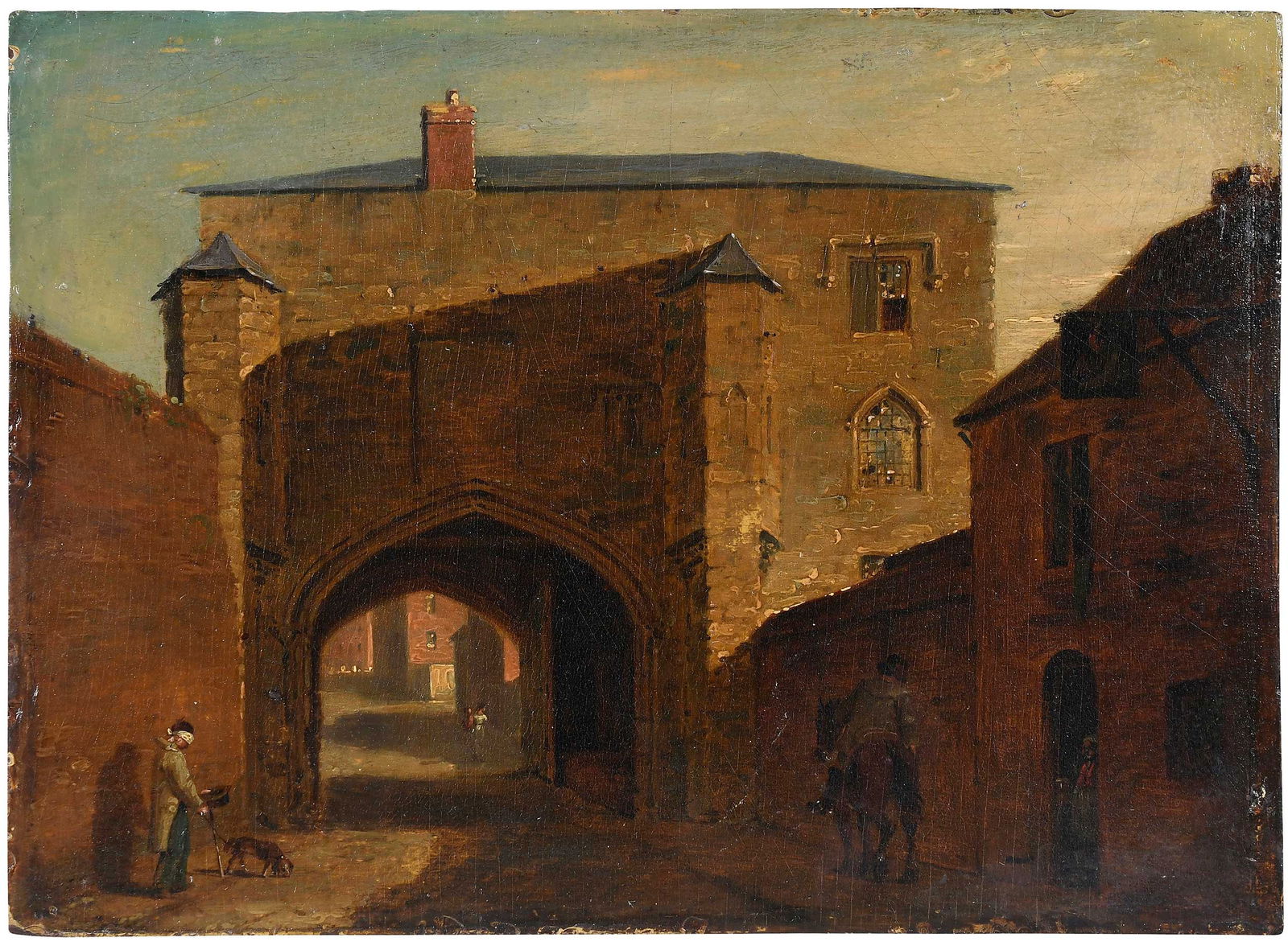 Attributed to Samuel Prout, Town View: (British, 1783-1852) Blind beggar with dog by an arch, a tavern and traveler opposite, signed or inscribed verso in pencil "Prout", oil on panel, 8-3/4 x 12-1/8 in.; unframed Provenance