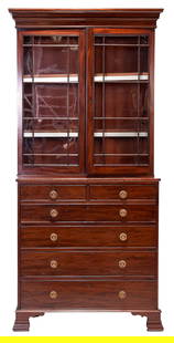 Regency Figured Mahogany Secretary Bookcase: British, 19th century, fitted desk interior, approximately 93 x 46 x 21-1/2 in.