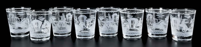 Eight William Yeoward Etched Glass Tumblers with Carriage Scene