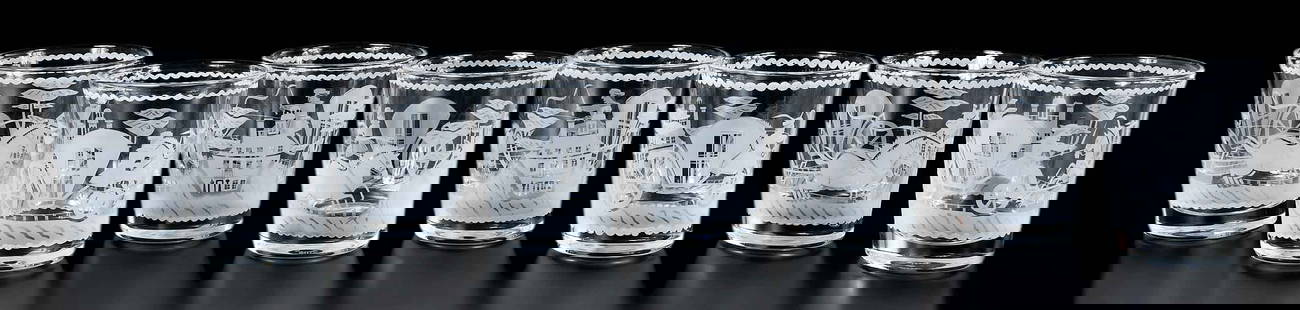 Eight William Yeoward Etched Glass Tumblers with Carriage Scene: English, 20th century, marked "William Yeoward", 4-3/4 x 4-1/8 x 4-1/8 in. Provenance: Michael L. Laughlin Estate, Aiken, South Carolina