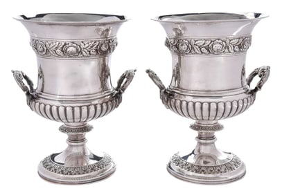 Pair of English Silver Campagna Form Urns, Walker and Hall