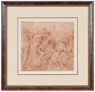 Bolognese School Drawing, Bacchanalian Scene: (Italian, 16th/17th century) Group of Centaurs, Nymph, and Putti, unsigned, unidentified watermark with anchor, circle and star, red chalk on laid paper, sheet 8-5/8 x 9-1/4 in.; modern wood frame, 15
