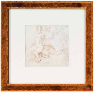 Italian School, Merman Riding a Dolphin: (17th century) Turned and blowing a conch shell, unsigned, brown ink on laid paper with double ring watermark, 4-3/8 x 4-3/8 in.; inlaid wood frame, 9-1/8 x 9-3/8 x 1/2 in. Provenance: Private Collect