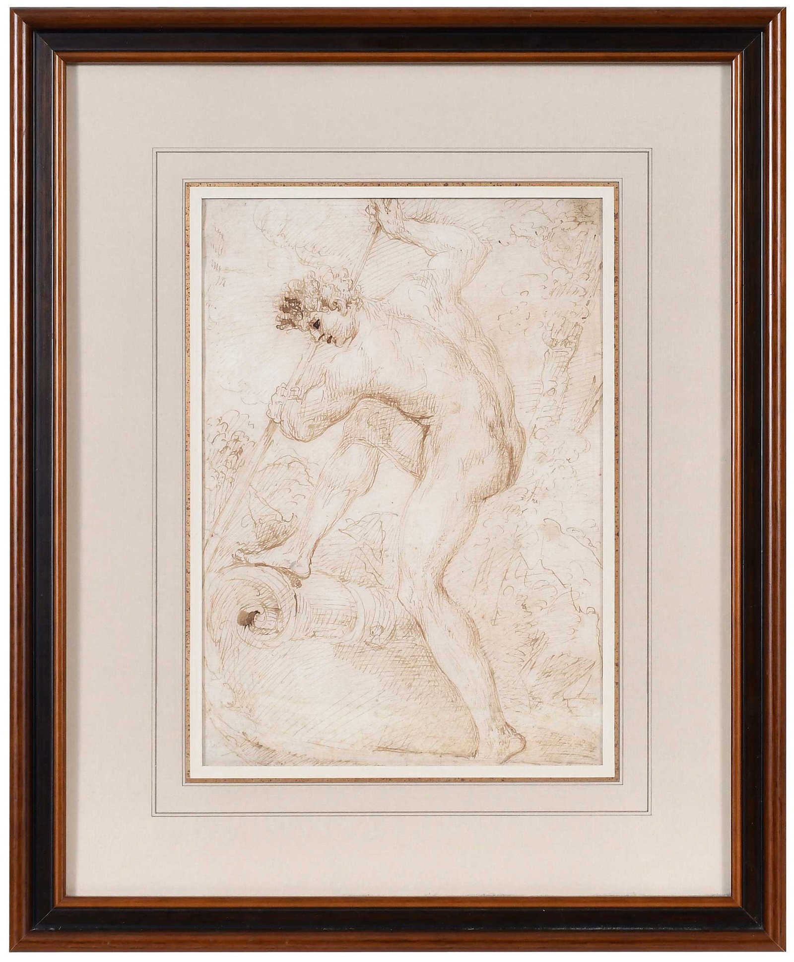 Italian School Drawing, Male Nude: (Italian-Bolognese, 17th century) Male figure with staff, unsigned, said to be related to the work of Domenico Campagnola (1500-1564), brown ink on laid paper, sheet 12-1/4 x 8-1/4 in.;