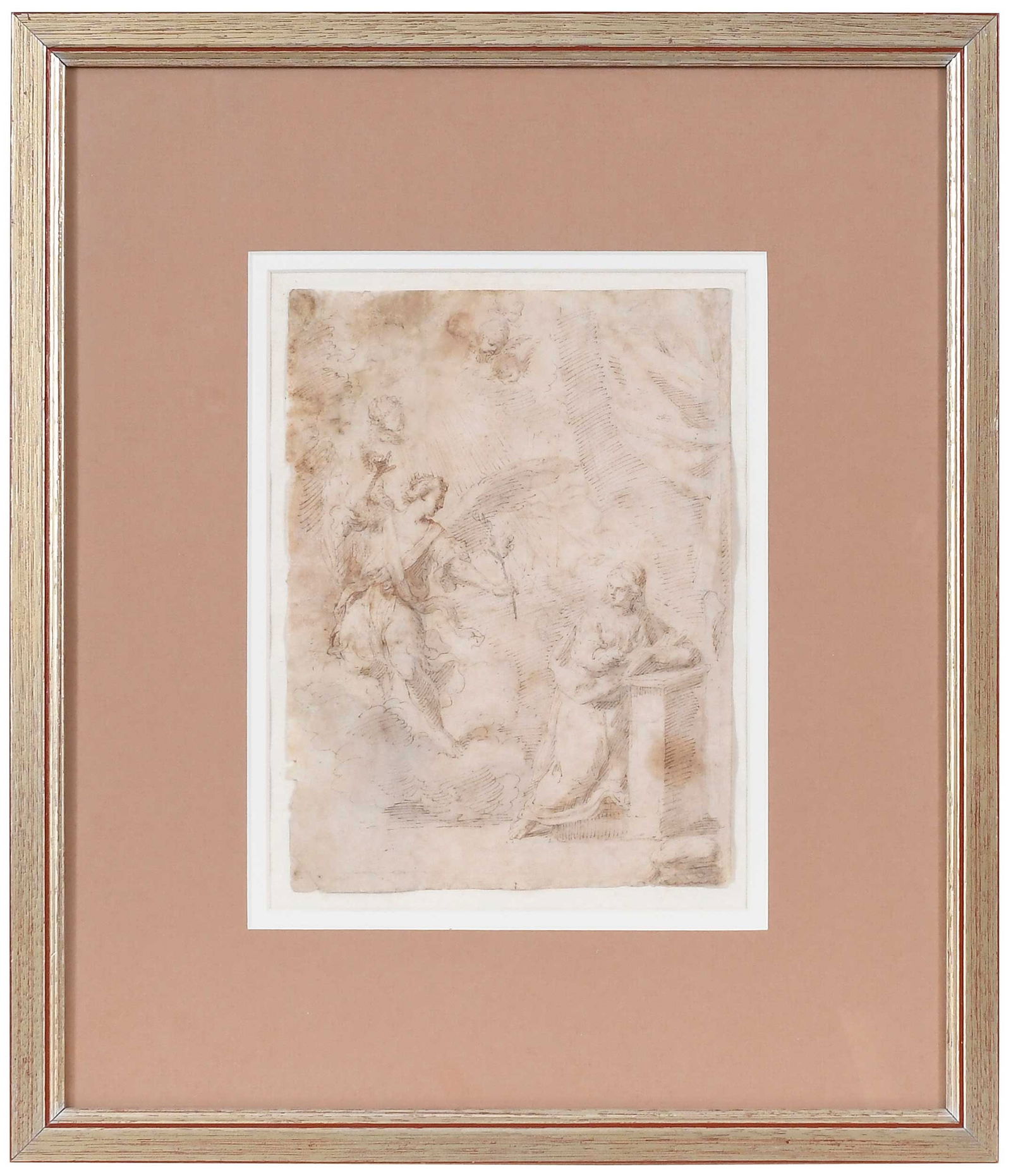Attributed to Donato Creti, The Annunciation: (Italian, 1671-1749) Angel descending with Mary kneeling, unsigned, brown ink and ink wash on laid paper, sheet 8-1/2 x 6-1/4 in.; gilt wood frame, 16-1/4 x 14 x 1 in. Provenance: Dai