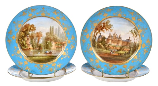 Four Sevres Style Hand Painted Porcelain Chateau Cabinet Plates
