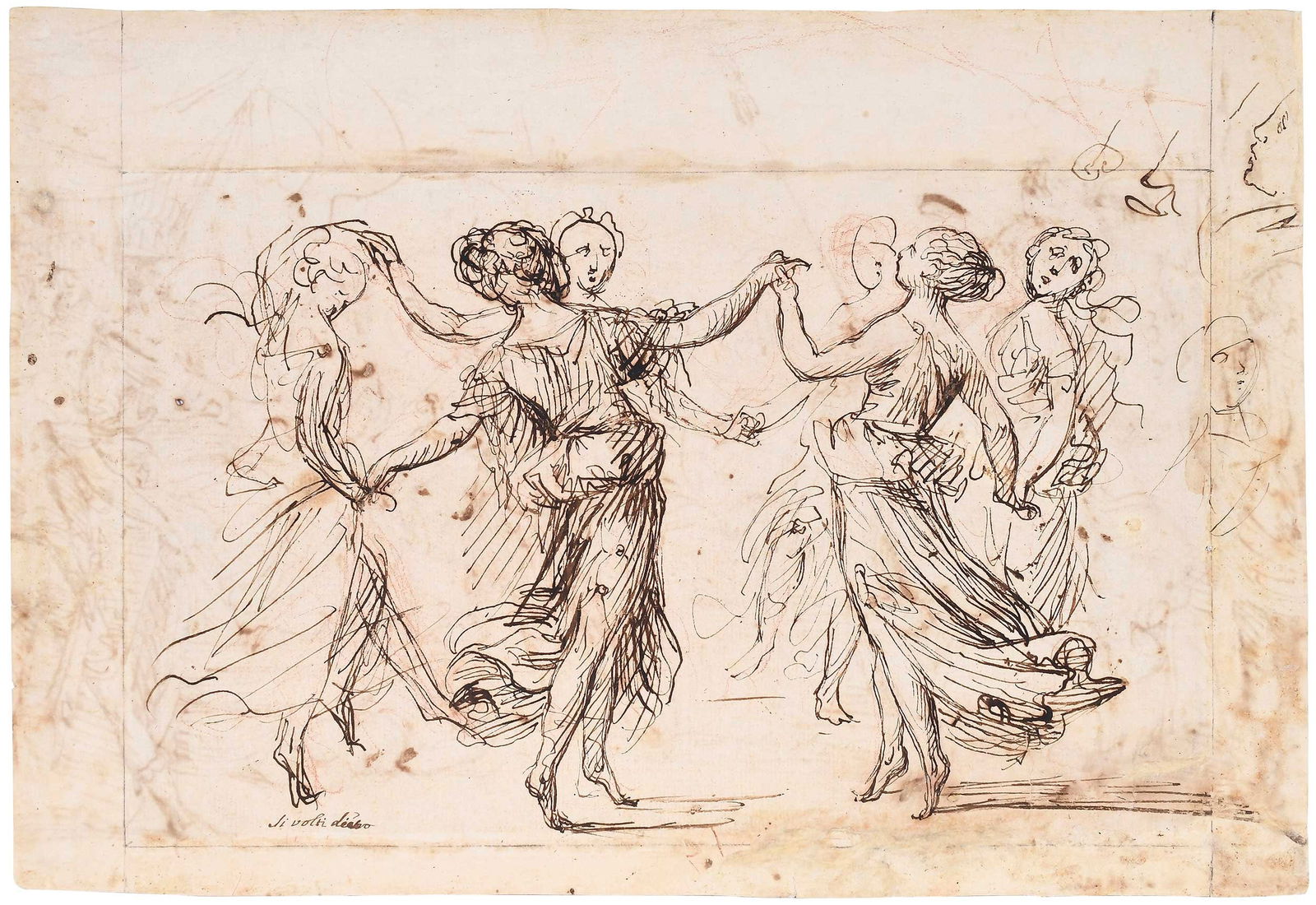 Attributed to or Circle of Francisco Allegrini, Two-sided Drawing: (Italian, 1624-1679) Recto, Military Encampment, Captive Brought to King, inscribed lower left "...Bandinelli" (possibly after, Baccio Bandinelli, (Italian, 1587-1663)); verso, Women Dancing