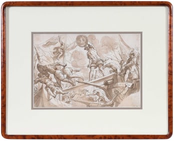 Northern Italian-Venetian School Drawing, Maritime Battle Scene