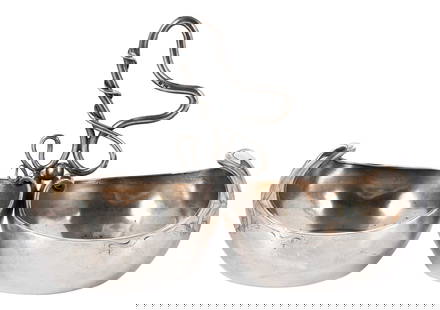 Russian Silver Art Nouveau Serving Dish: Moscow, late 19th/early 20th century, double bowl with scroll handle, maker "HT", .875 fine, 15.56 oz. T., 6-1/4 x 9-1/2 x 5 in. Provenance: Brunk Auctions, May 19, 2019, lot