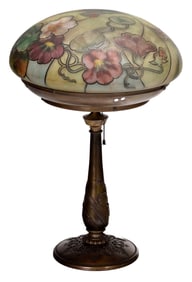 Reverse Painted Pairpoint Glass Shade with Associated Bronze Base