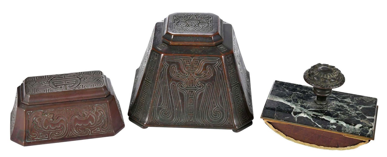Two Tiffany Studios Bronze Chinese Desk Items with Laurel Wreath Marble Blotter: American, late 19th/early 20th century, Chinese stamp box and inkwell with Tiffany Studios mark, larger 4-1/2 x 6-3/8 x 6-3/8 in.; ink blotter 3-3/4 x 5-3/8 x 3 in.