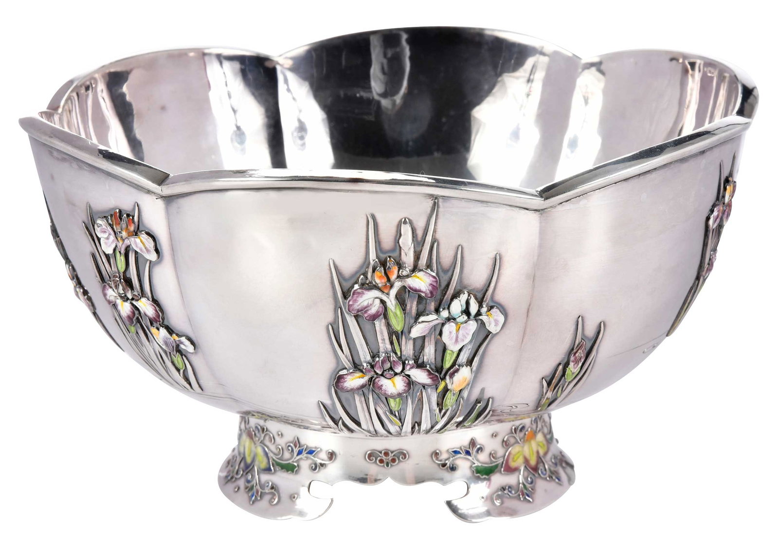 Japanese Silver and Enamel Bowl with Iris Decoration: late 19th/early 20th century, footed, applied iris in water decoration with enamel highlights, 20.36 oz. T., 4 x 7-1/4 in. Provenance: Edward and Sons, Glasgow; Lake Forest Antiquarians, Ma