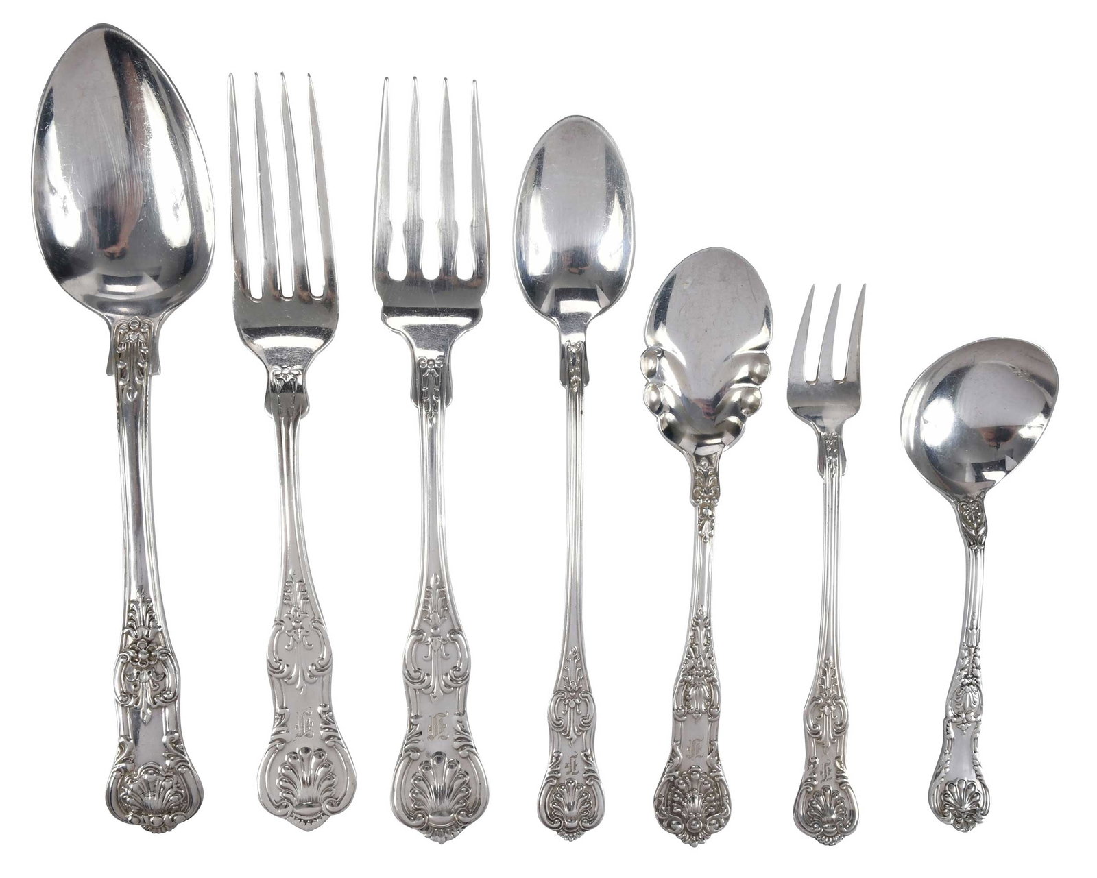 43 Pieces Assorted King Style Silver Flatware: including 30 pieces Dominic & Half King: five 5-1/4 in. cocktail forks; six 7 in. forks; six 6-5/8 in. ice teaspoons; seven 5-1/2 in. ice cream spoons; eight pieces Victor