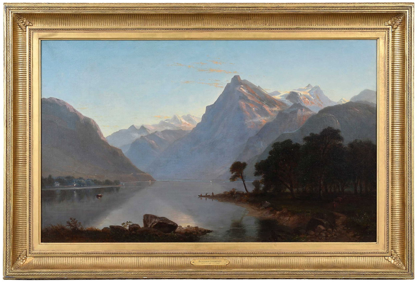 Benjamin Champney: (American, 1817-1907) Mountain Landscape, 1866, signed and dated lower left "B. Champney 1866.", oil on canvas, 22-1/4 x 36-1/2 in.; fine carved reproduction gilt wood frame, 